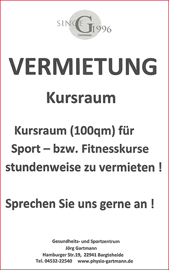 Vermietung Kursraum - Gesundheits -und Sportzentrum, Physiotherapie, Fitness, Wellness, Rehasport in 22941 Bargteheide